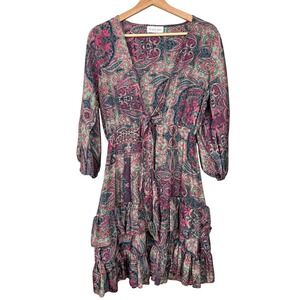 Marisima Paisley Tiered Ruffle Mini Dress Pink Teal V-Neck Tie Front One Size